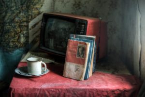 still life, Cup, TV, Table, Books