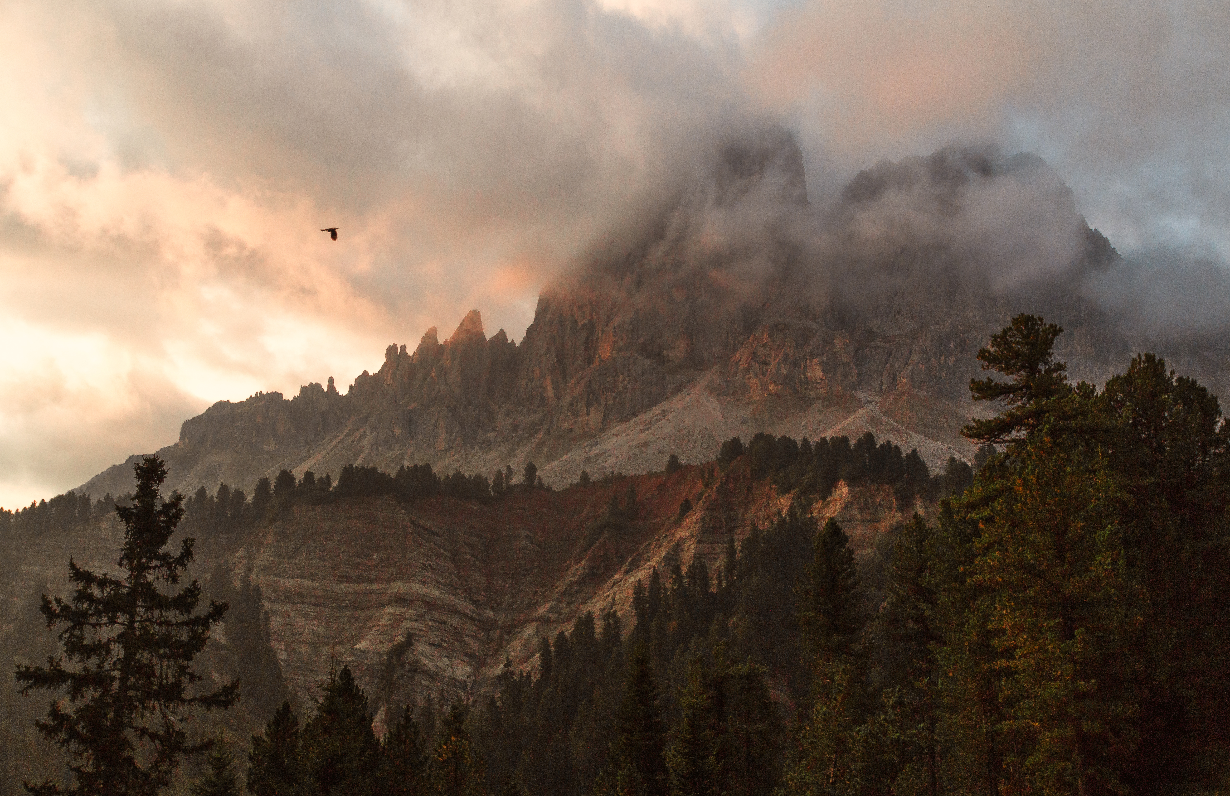 mountains, Mist, Clouds, Daylight, Forest, Landscape, Nature, Outdoors, Sunset, Rocks, Grass Wallpaper