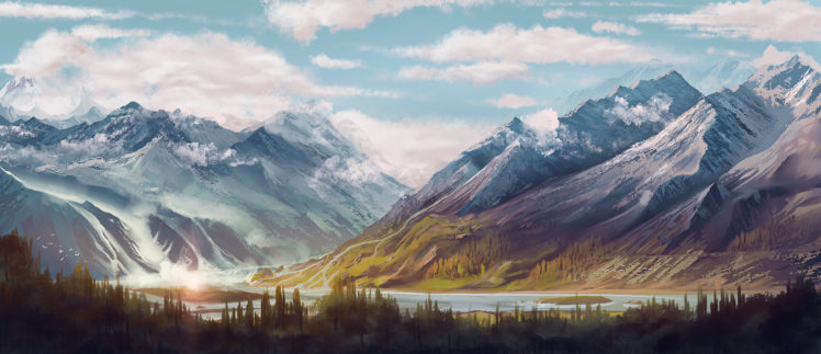 digital art, Mountains, Forest, Clouds, River, Sky, Artwork HD Wallpaper Desktop Background