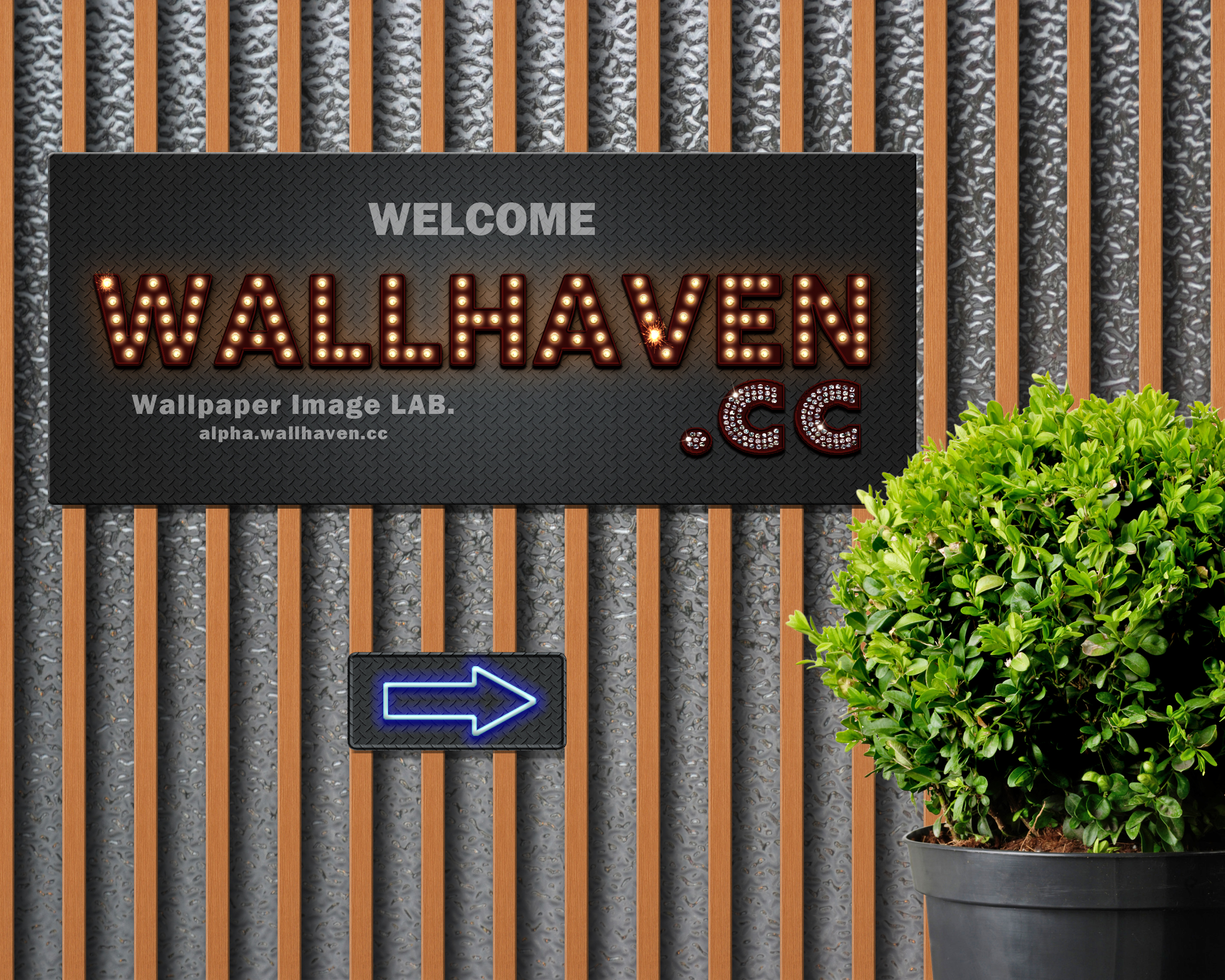 wallhaven, Sign, Neon, Lightning, Office, Glass, Window, Arrows, Plants, Digital art, Diamonds Wallpaper