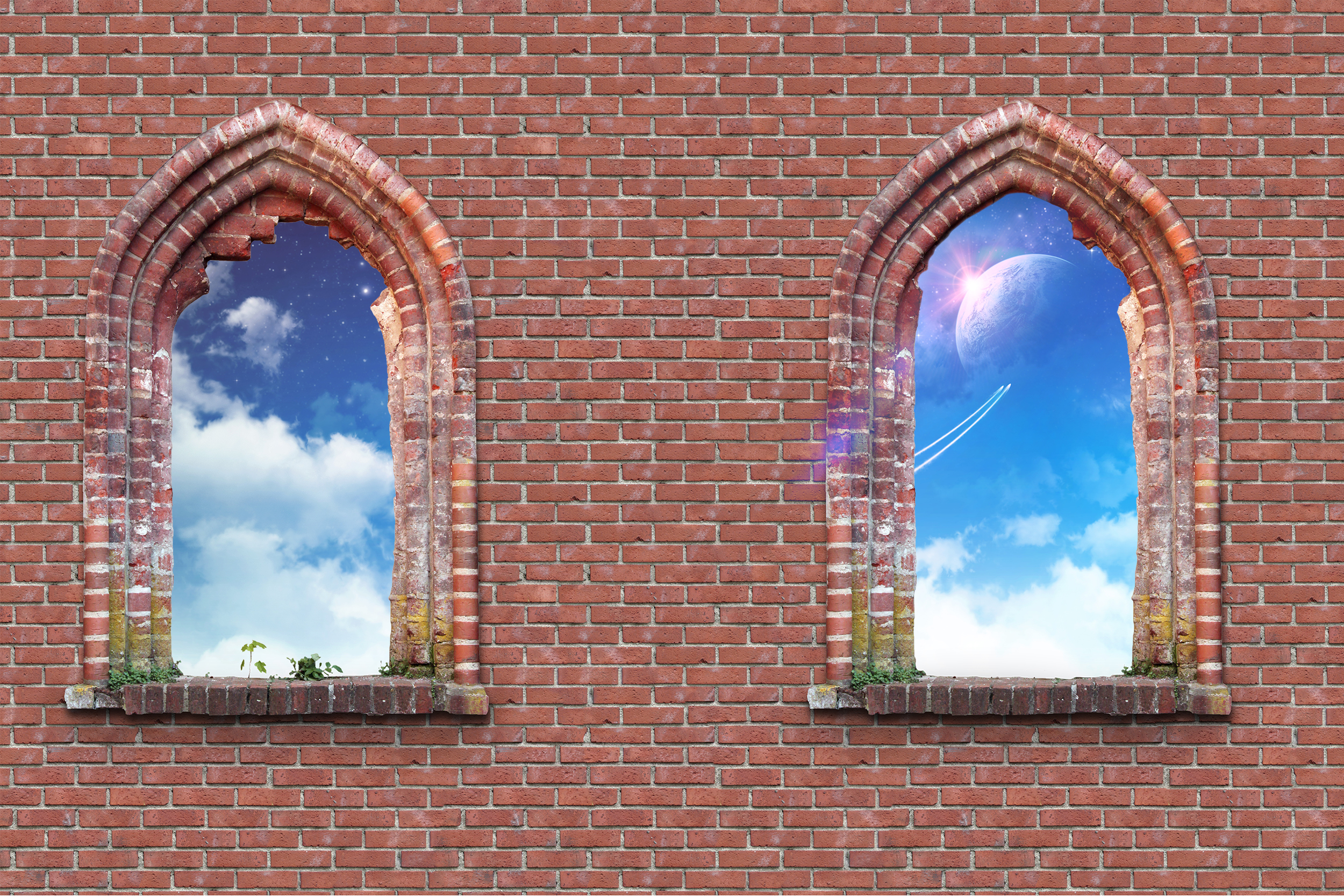 wall, Bricks, Window, Sky, Temple of Heaven, Artwork Wallpaper