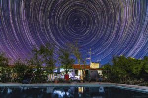 men, Miguel Claro, Architecture, Building, House, Swimming pool, Star trails, Night, Trees, Long exposure, Telescope, Portugal, Circle, Reflection