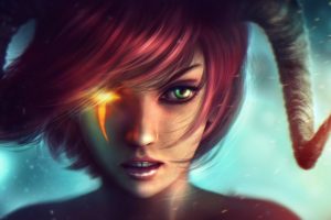 green eyes, Redhead, Dungeons and Dragons, Fantasy girl, Fantasy art, Digital art, Horns