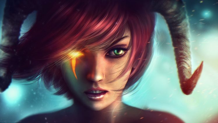 green eyes, Redhead, Dungeons and Dragons, Fantasy girl, Fantasy art, Digital art, Horns HD Wallpaper Desktop Background