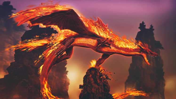 fantasy art, Artwork, Dragon, Night, Fire HD Wallpaper Desktop Background