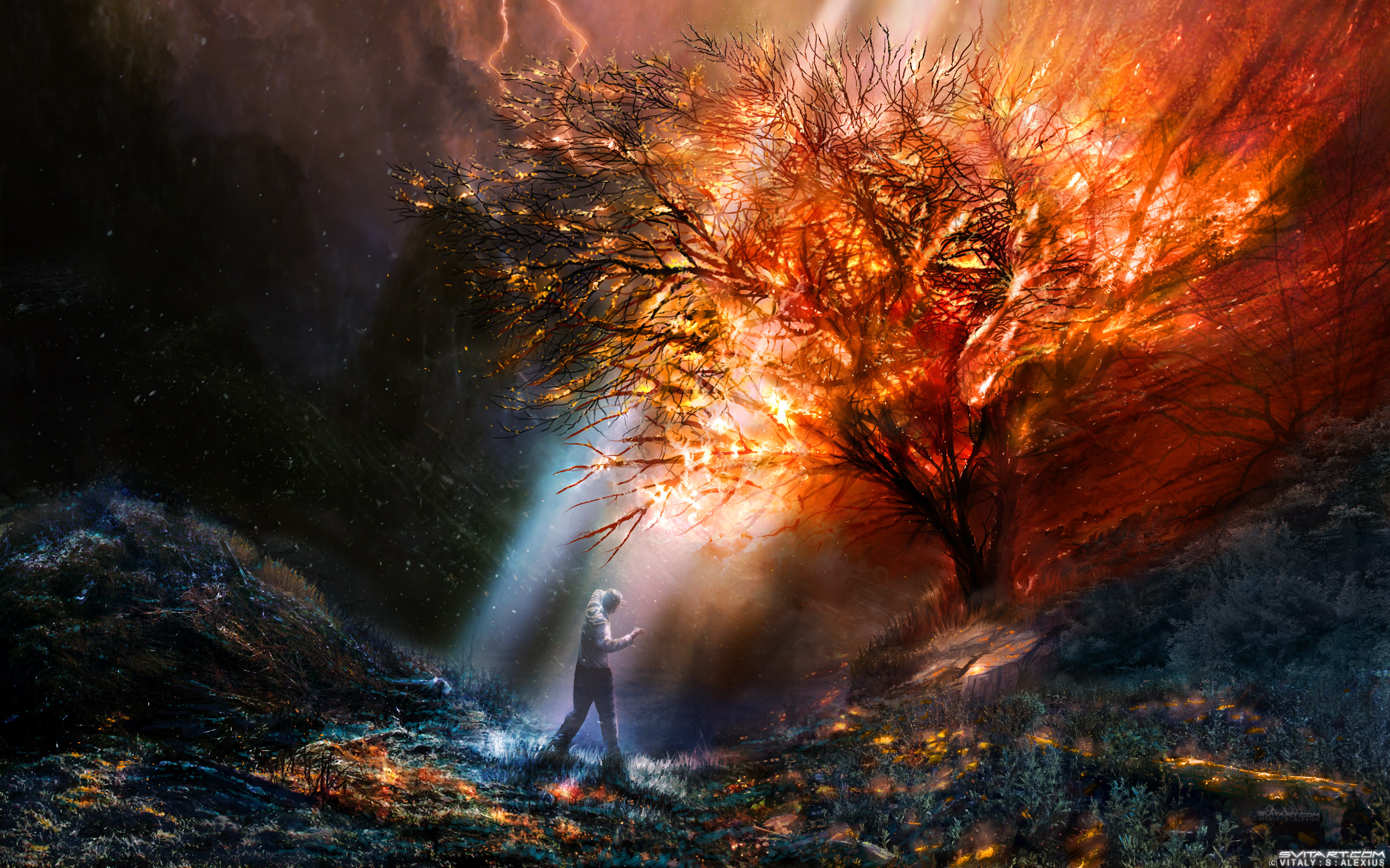 fantasy art, Artwork, Trees, Landscape, Fire Wallpaper
