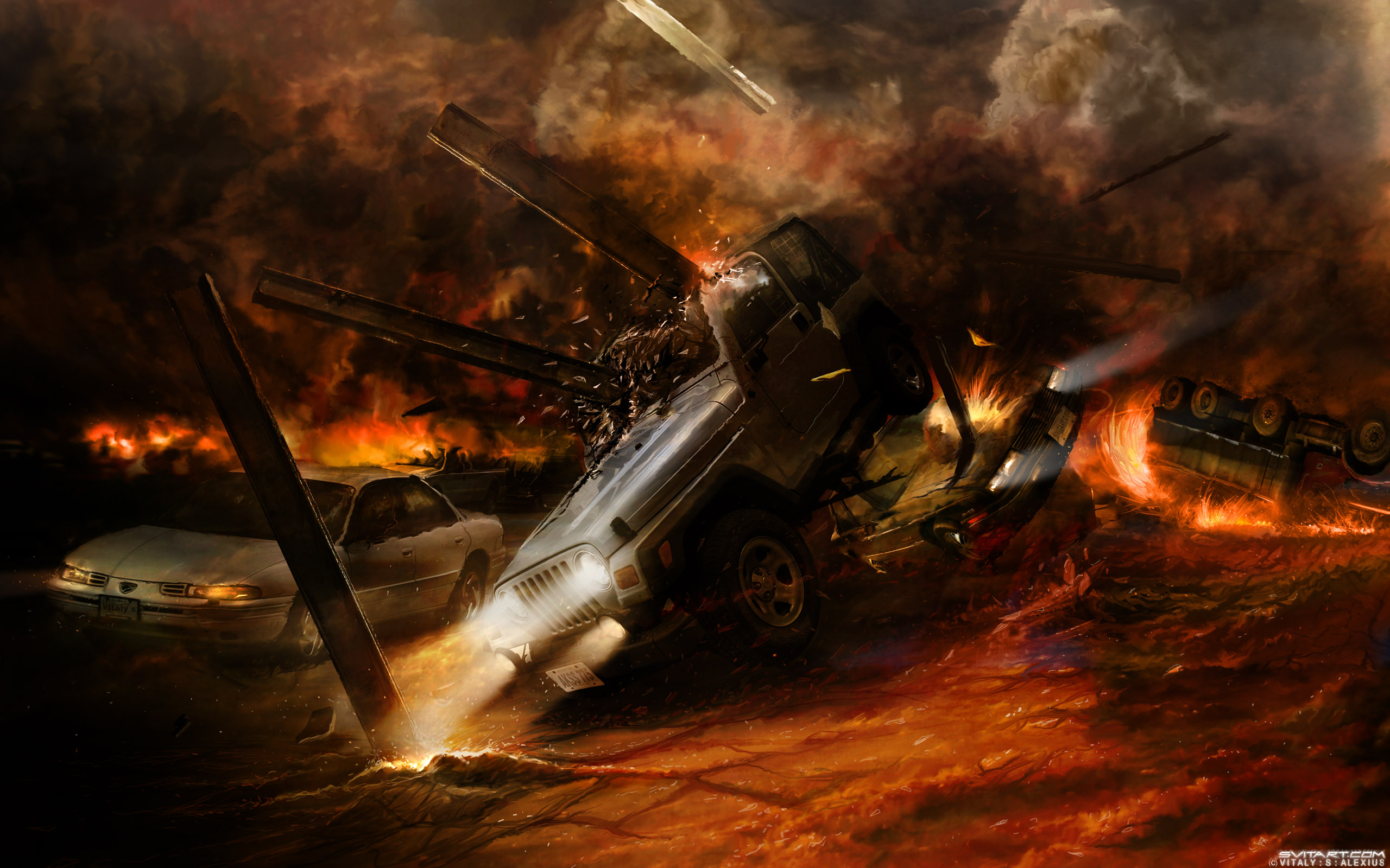 digital art, Artwork, Explosion, Fire, Car, Vehicle Wallpaper