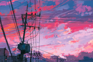 Aenami, Sunset, Town, Sky, Clouds, Portrait display, Power lines