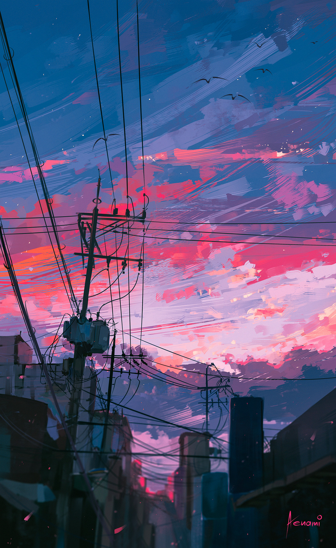 Aenami Sunset Town Sky Clouds Portrait Display Power Lines