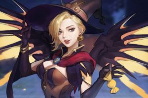 women, Blonde, Cleavage, Blue eyes, Video games, Digital art, Artwork, Overwatch, Mercy (Overwatch), Witch Mercy, Wings, Tight clothing