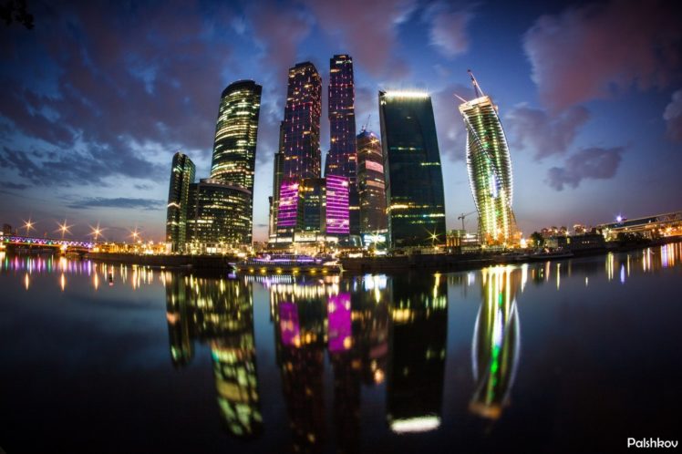 Moscow CIty, Moscow, Cityscape, Lights, Reflection HD Wallpaper Desktop Background