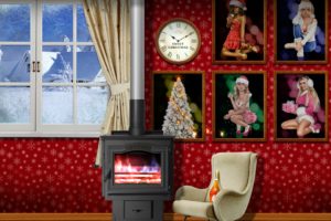 women, Christmas, Wall, Room, Stove, Window, Winter, Picture frames, Clocks, Snow, Pine trees, Cognac, Glasses, Chair, Carpets, Curtains, Spark, Fire