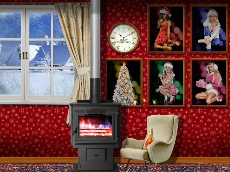 women, Christmas, Wall, Room, Stove, Window, Winter, Picture frames, Clocks, Snow, Pine trees, Cognac, Glasses, Chair, Carpets, Curtains, Spark, Fire HD Wallpaper Desktop Background