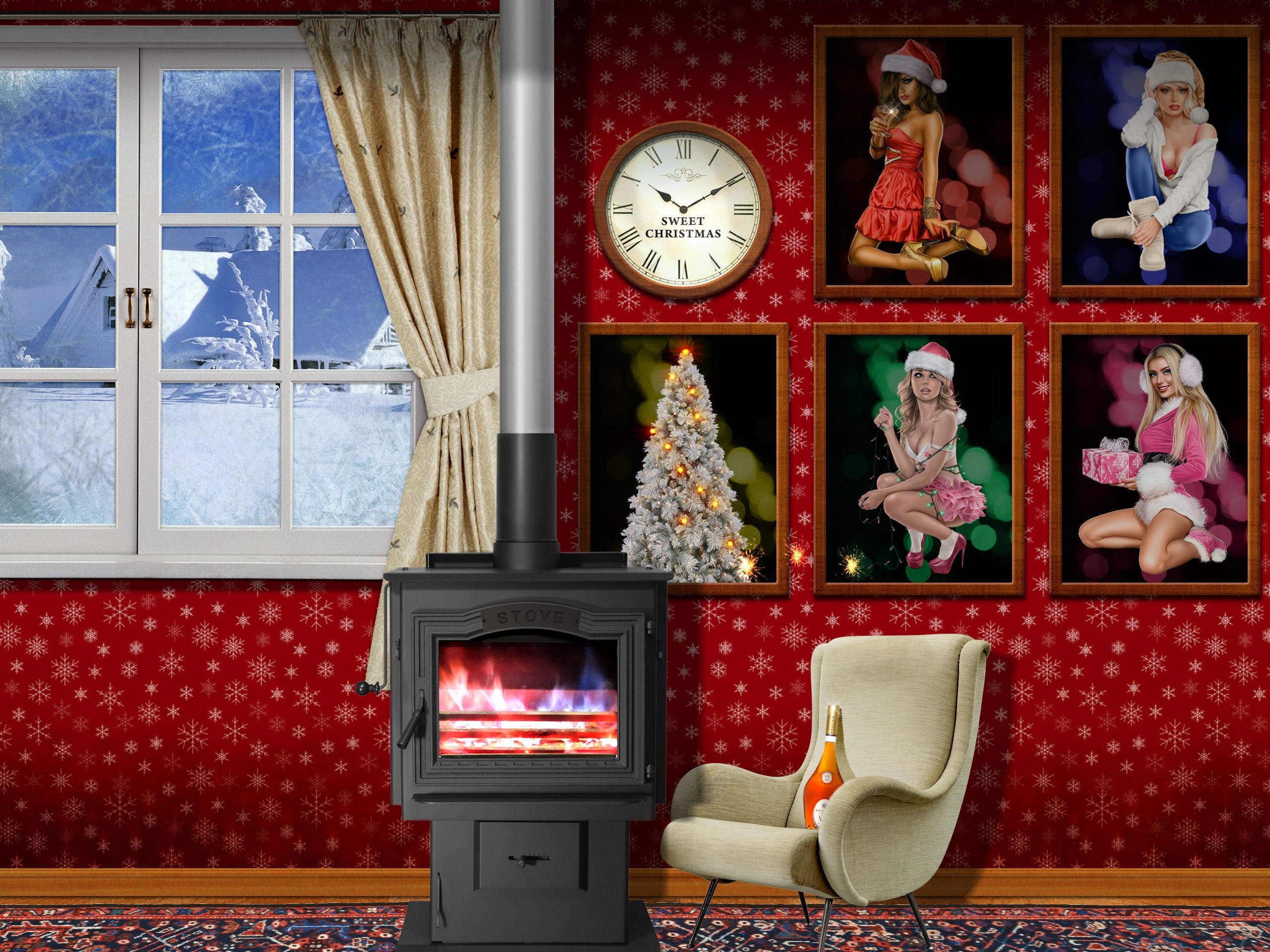 women, Christmas, Wall, Room, Stove, Window, Winter, Picture frames, Clocks, Snow, Pine trees, Cognac, Glasses, Chair, Carpets, Curtains, Spark, Fire Wallpaper