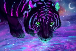 green eyes, Tiger, Water, Neon, Animals