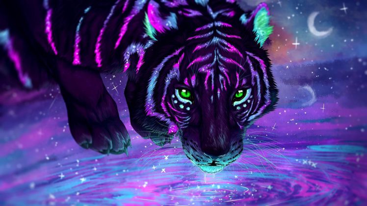 green eyes, Tiger, Water, Neon, Animals HD Wallpaper Desktop Background