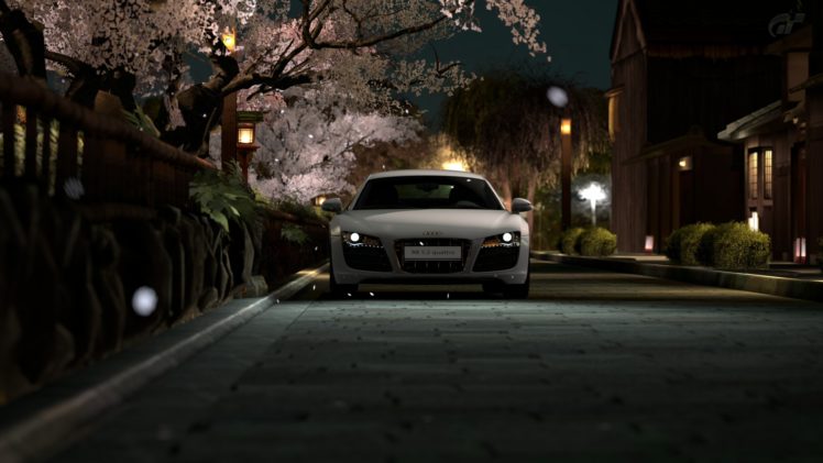 Japan, Night, Audi R8, Car, Road, Street, Trees, Lights, Gran Turismo HD Wallpaper Desktop Background