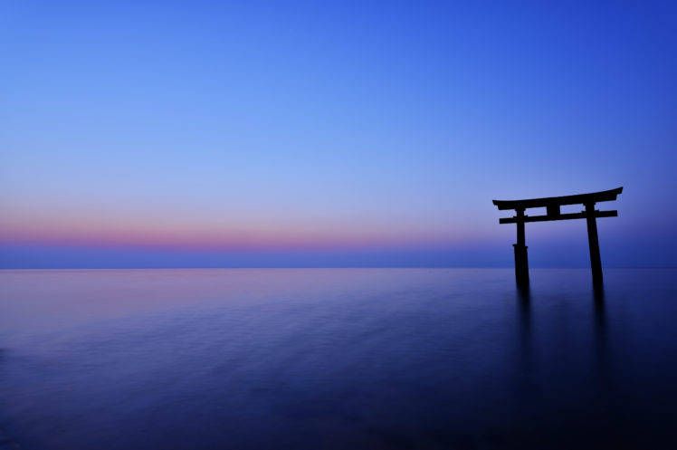 Japan, Asian architecture, Arch, Gates, Blue, Horizon, Night, Sea, Sky, Sunset HD Wallpaper Desktop Background