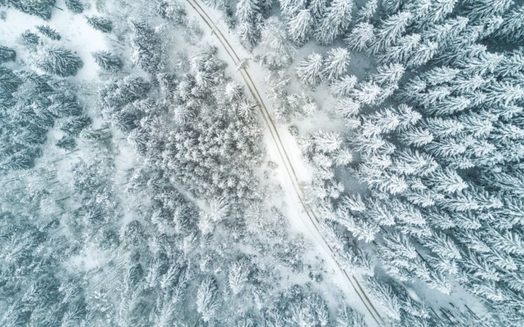 aerial view, Road, Winter, Trees, Snow HD Wallpaper Desktop Background