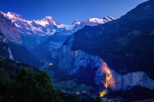 nature, Landscape, Mountains, Birds eye view, Switzerland, Snowy peak, Valley, Waterfall, Sunset, Sunlight, Trees, Forest, Stars