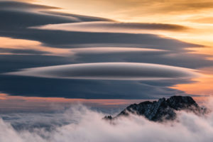 nature, Landscape, Mountains, Birds eye view, Tatra Mountains, Sunset, Slovakia, Clouds, Snowy peak, Mist, Lenticular clouds