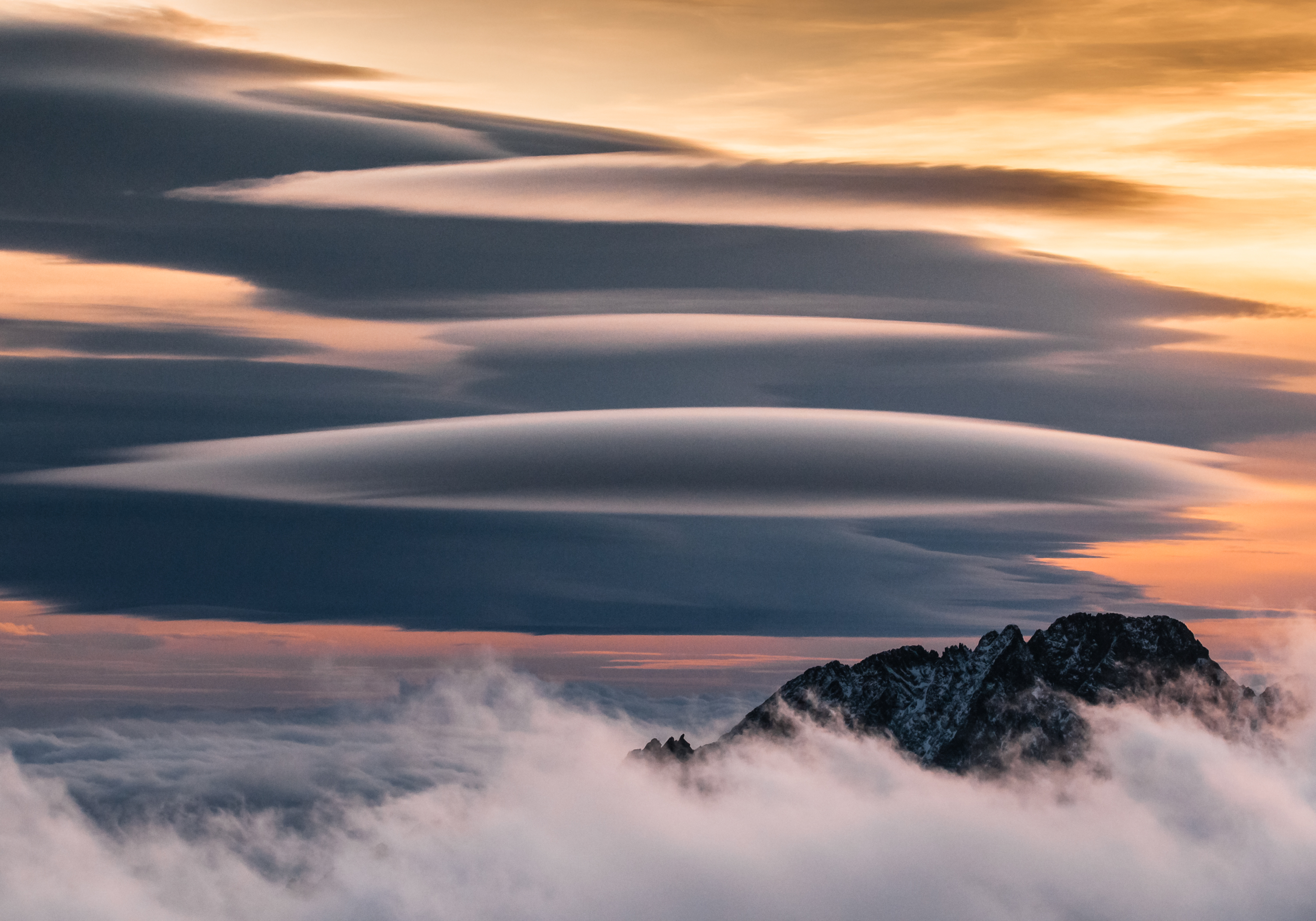 nature, Landscape, Mountains, Birds eye view, Tatra Mountains, Sunset, Slovakia, Clouds, Snowy peak, Mist, Lenticular clouds Wallpaper