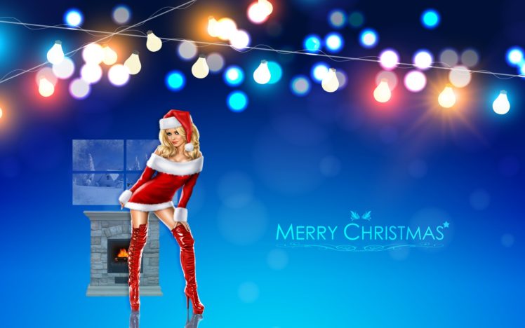 Santa girl, Christmas, Winter, Fireplace, Window, Santa hats, Santa costume HD Wallpaper Desktop Background