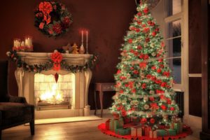 Christmas tree, Christmas ornaments, Fireplace, Pine trees, Christmas