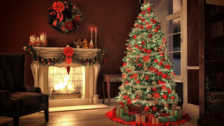 Christmas tree, Christmas ornaments, Fireplace, Pine trees, Christmas HD Wallpaper Desktop Background