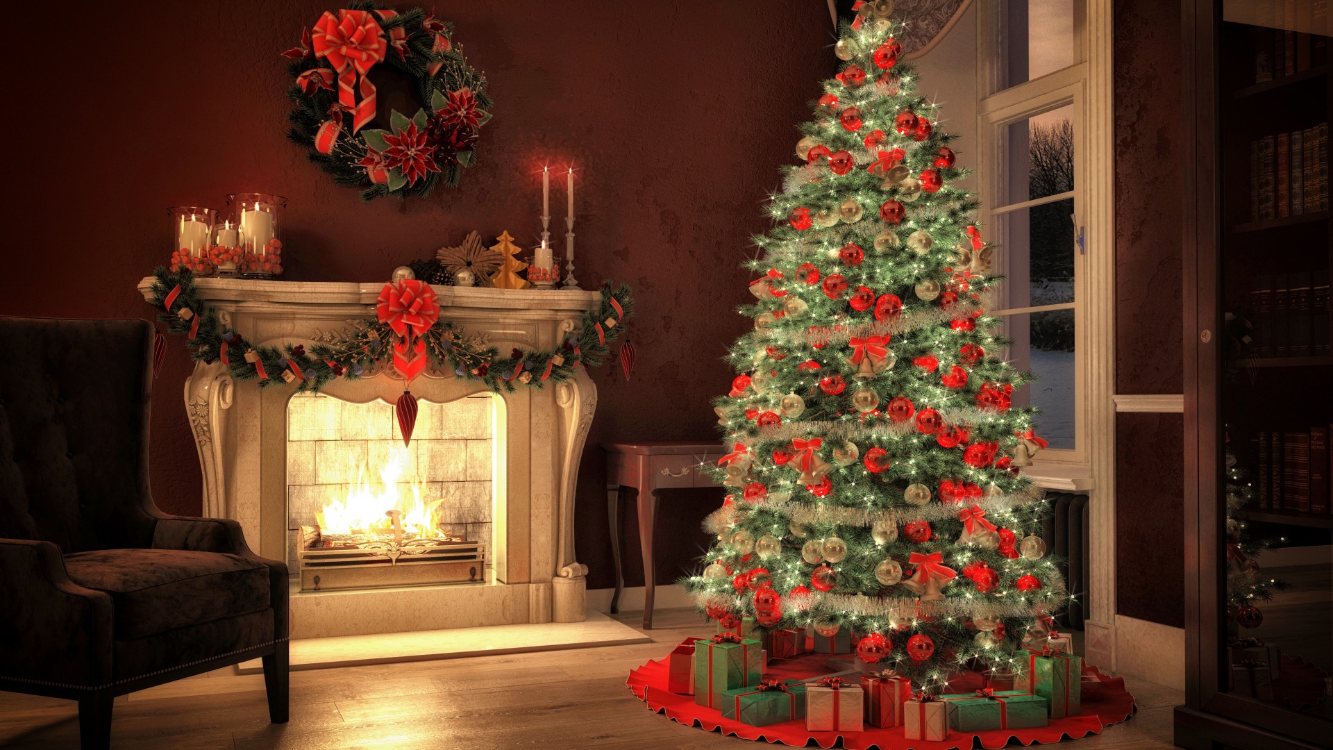 Christmas tree, Christmas ornaments, Fireplace, Pine trees, Christmas Wallpaper