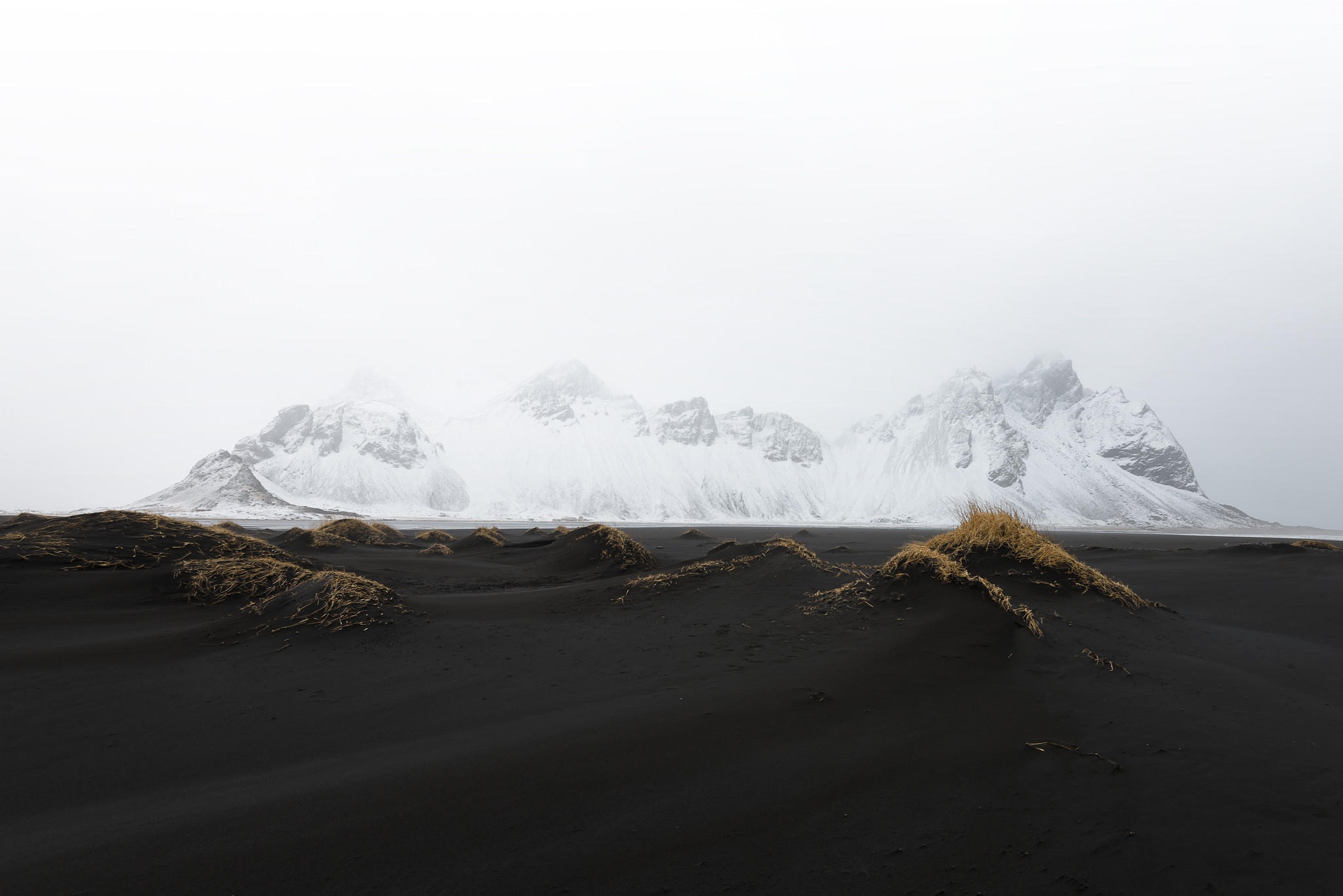 Norway, Landscape, Nature, Mountains, Black sand, Snow, Mist Wallpaper