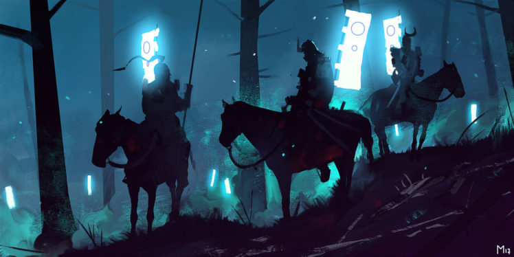 Dominik Mayer, Soldier, Knight, Artwork, Digital art, Horse, Banner, Samurai, Forest, Neon HD Wallpaper Desktop Background