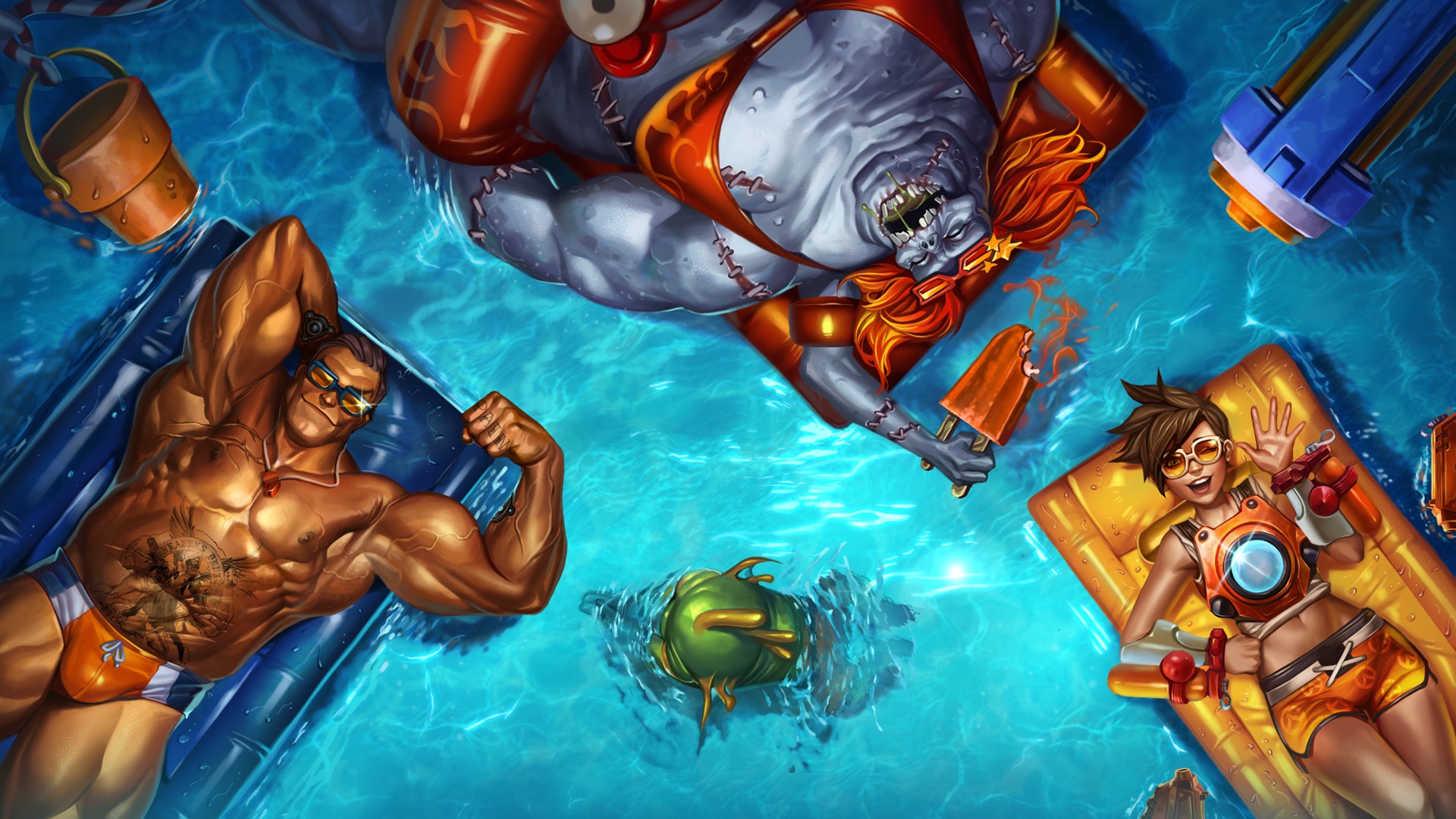 Tychus Findlay, Stitches, Murky, Thighs, Video games, Tracer (Overwatch), Swimming pool, Muscles, Artwork, Digital art, Starcraft II, Overwatch, Warcraft Wallpaper
