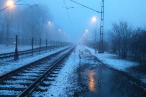Hungary, Tiszaluc, Morning, Railway, Railroad track, My photo, Xperia M2, Mist, Snow