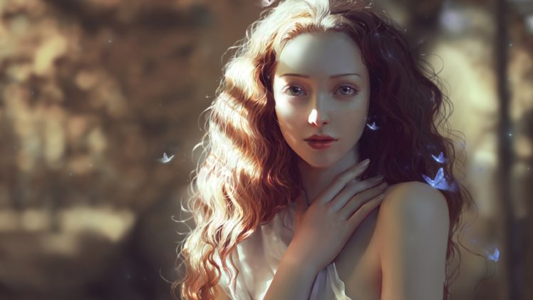 women, Long hair, Curly hair, Face, Artwork, Fantasy art, Butterfly HD Wallpaper Desktop Background