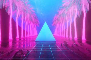 abstract, Pyramid, Retro style, Reflection, Palm trees, Stars, Vaporwave, Post post modernism