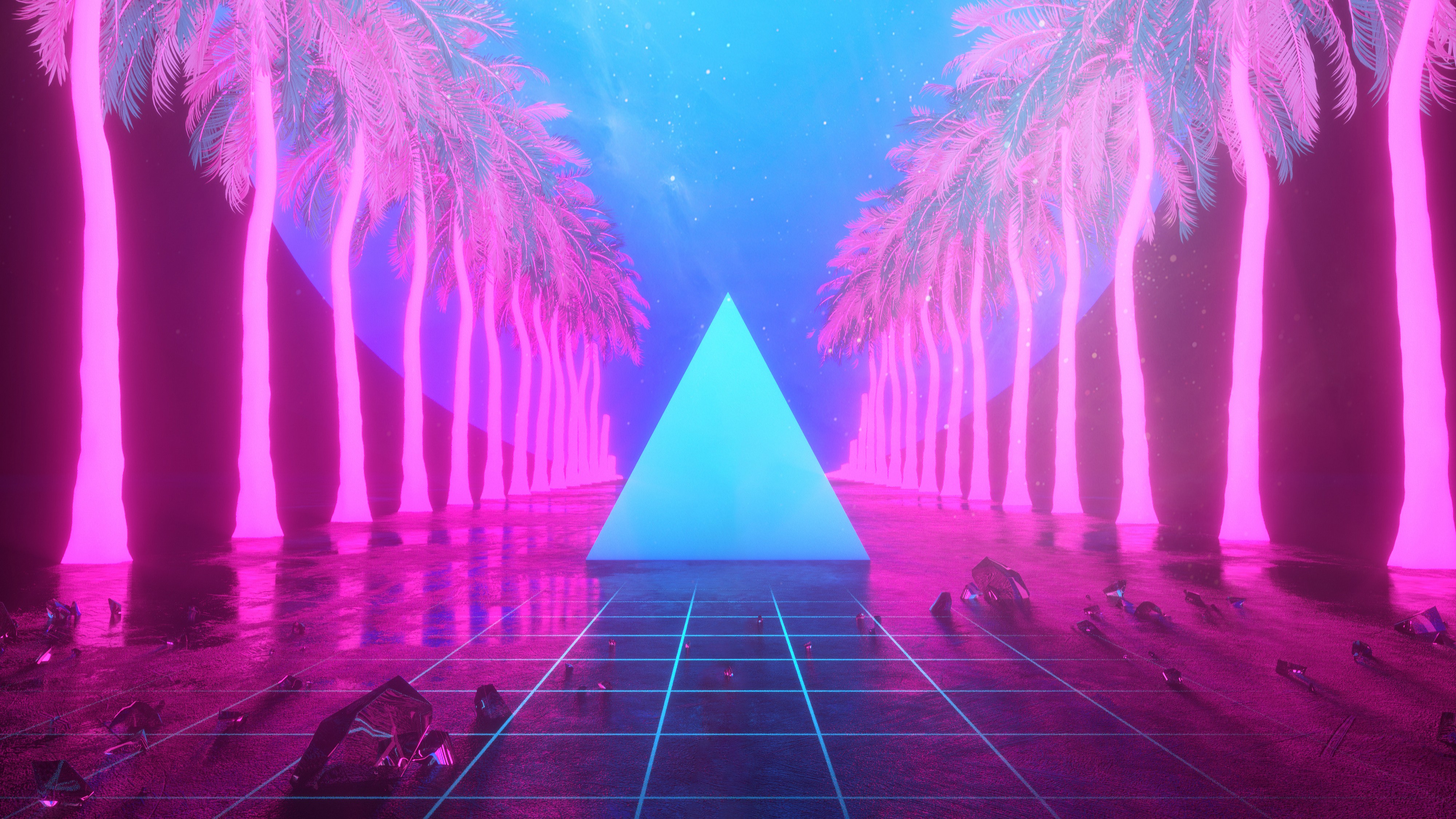 abstract, Pyramid, Retro style, Reflection, Palm trees, Stars, Vaporwave, Post post modernism Wallpaper