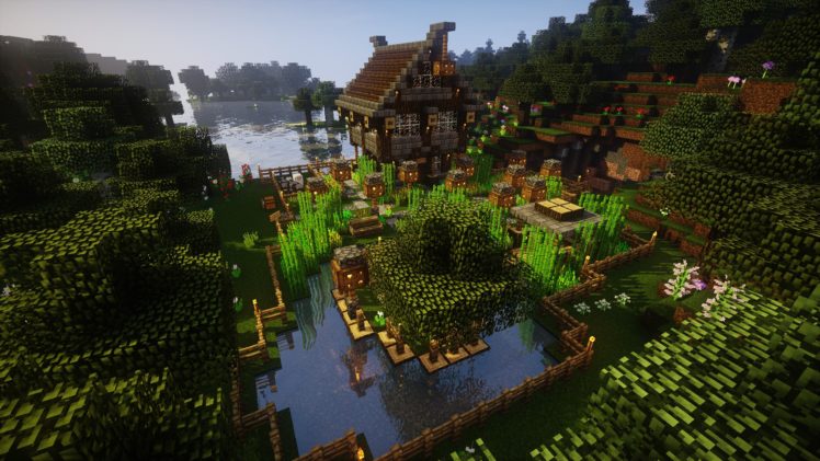 Minecraft, Video games, Farm, House, Forest, Oak trees, Water, Grass HD Wallpaper Desktop Background