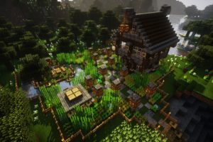 Minecraft, Video games, Farm, House, Forest, Oak trees, Water, Grass
