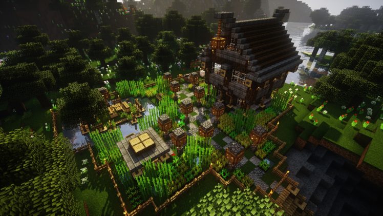 Minecraft, Video games, Farm, House, Forest, Oak trees, Water, Grass HD Wallpaper Desktop Background