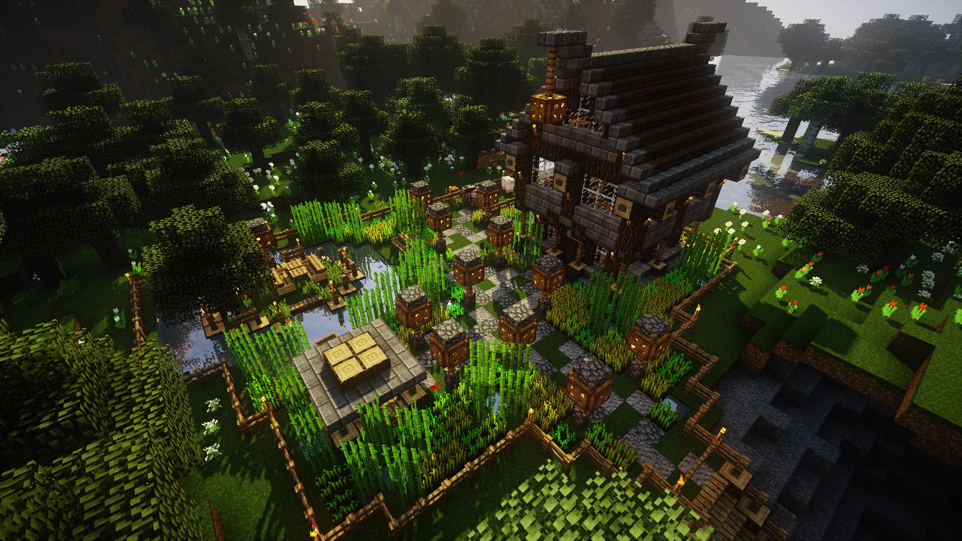Minecraft, Video games, Farm, House, Forest, Oak trees, Water, Grass