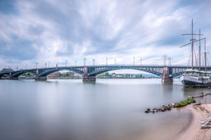 architecture, Bridge, Water, Sailing ship, River, Banks, Clouds, Building, Cityscape, Wiesbaden, Germany