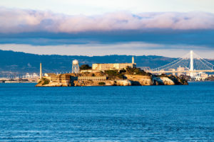 architecture, Bridge, Water, Sea, Island, Alcatraz, San Francisco, USA, Monastery, Prison, Cityscape, Clouds, Rock, Hills