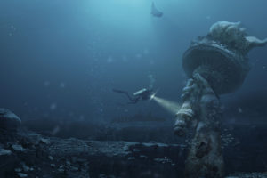 divers, Underwater, Water, Sea, Fish, Statue of Liberty, Rock, Apocalyptic, Photoshop, Bubbles, Lights
