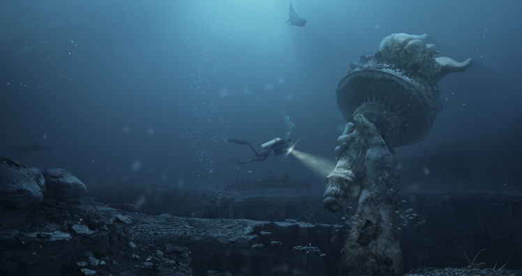 divers, Underwater, Water, Sea, Fish, Statue of Liberty, Rock, Apocalyptic, Photoshop, Bubbles, Lights HD Wallpaper Desktop Background
