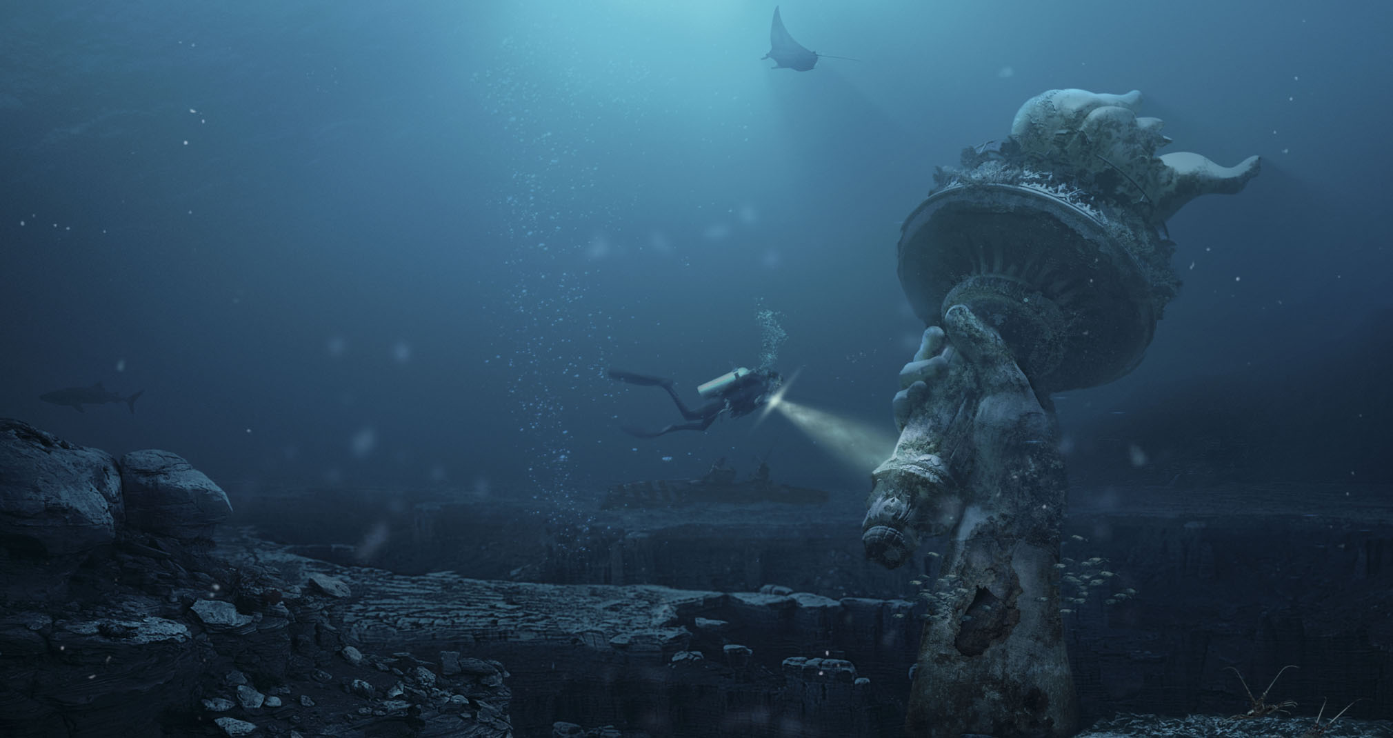 divers, Underwater, Water, Sea, Fish, Statue of Liberty, Rock, Apocalyptic, Photoshop, Bubbles, Lights Wallpaper