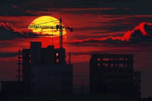 people, Sunset, Construction, Clouds, Suicide, Cranes (machine)