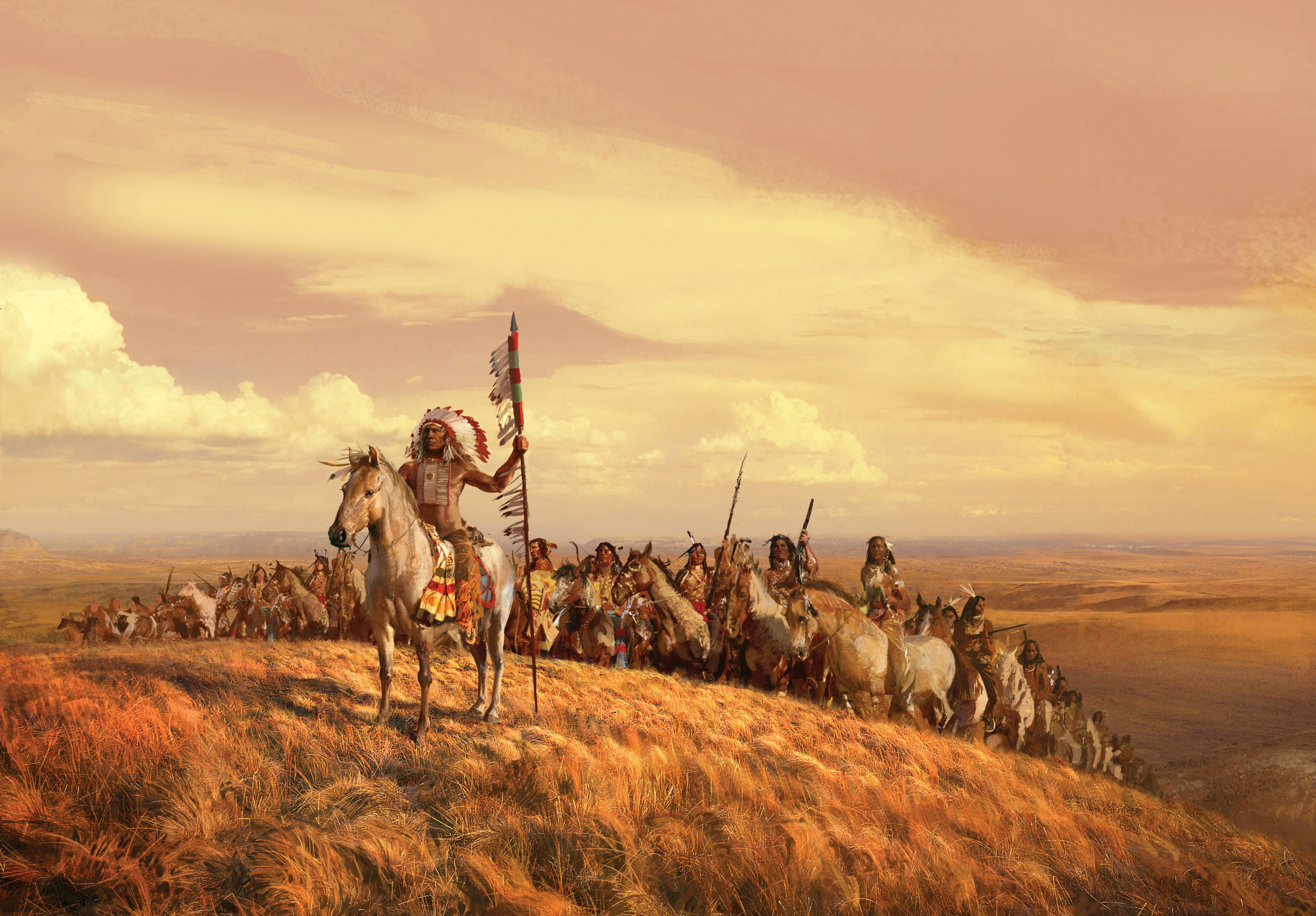 Native Americans, Artwork, Painting, Horse, Native American clothing, Nature, Hills, Clouds, Spear, Feathers Wallpaper