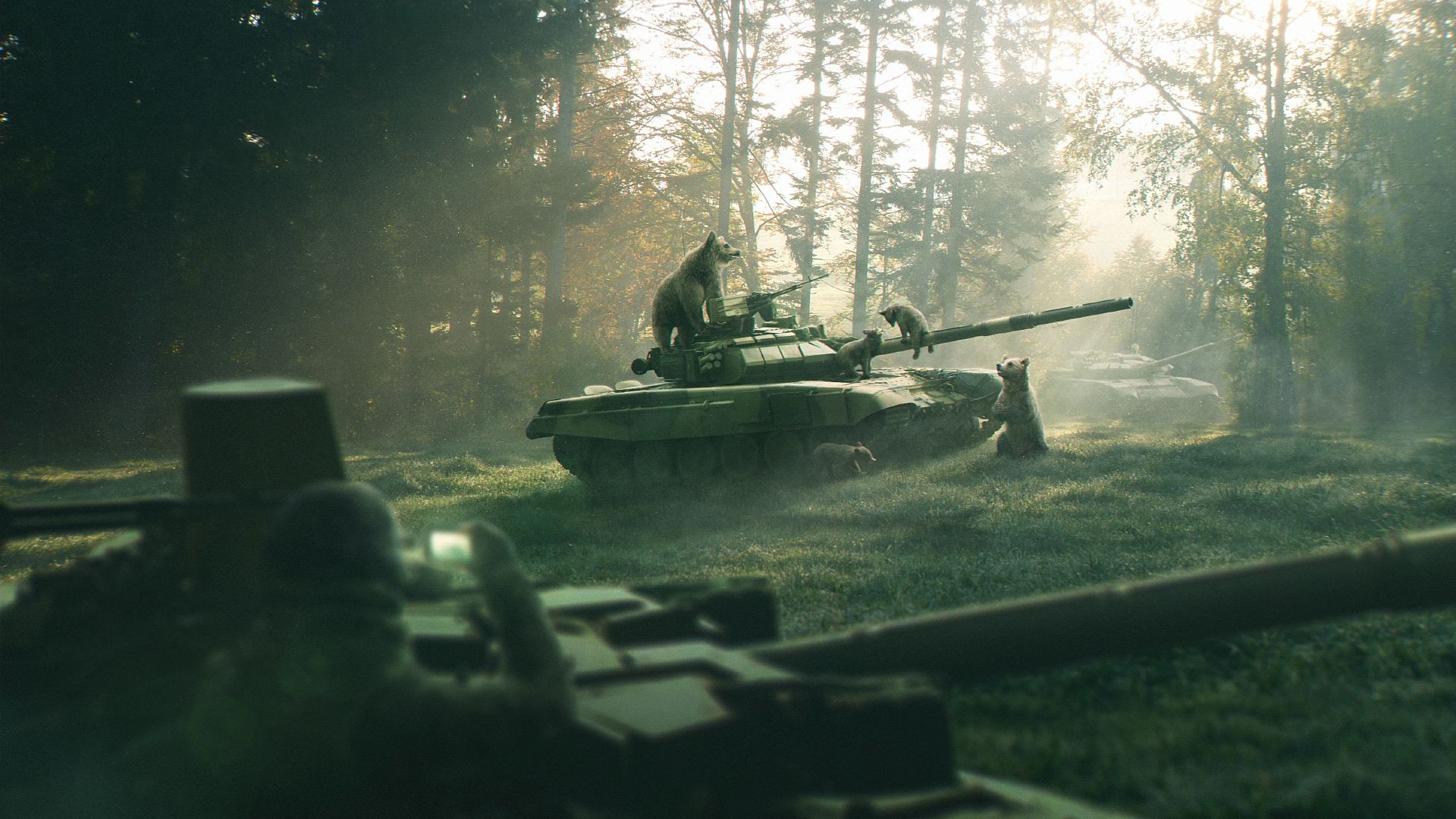 soldier, Bears, Baby animals, Tank, Wood, Sun rays, Weapon, T 90 Wallpaper