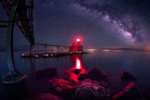 Wisconsin, Sturgeon Bay, Night, Water, Lights, Stars, Sky